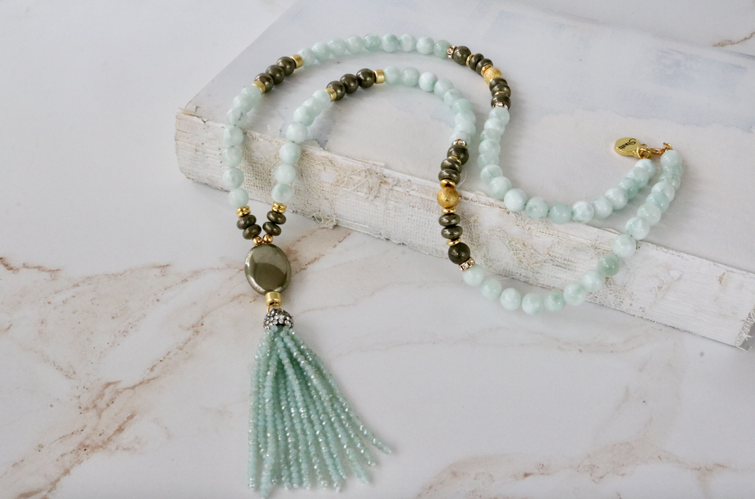 Green Moonstone and Pyrite Beaded Necklace