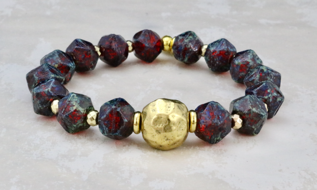 Hammered Relic Ball on Ruby Czech Glass