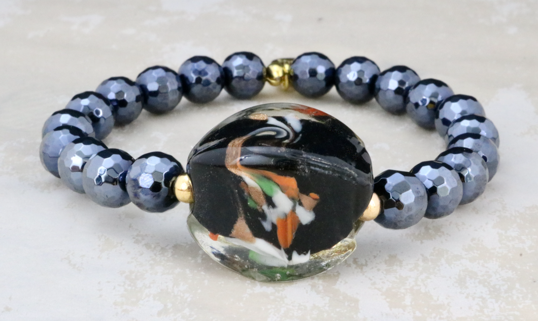 Lg Chunky Czech Glass Center on 8mm Mystic Black
