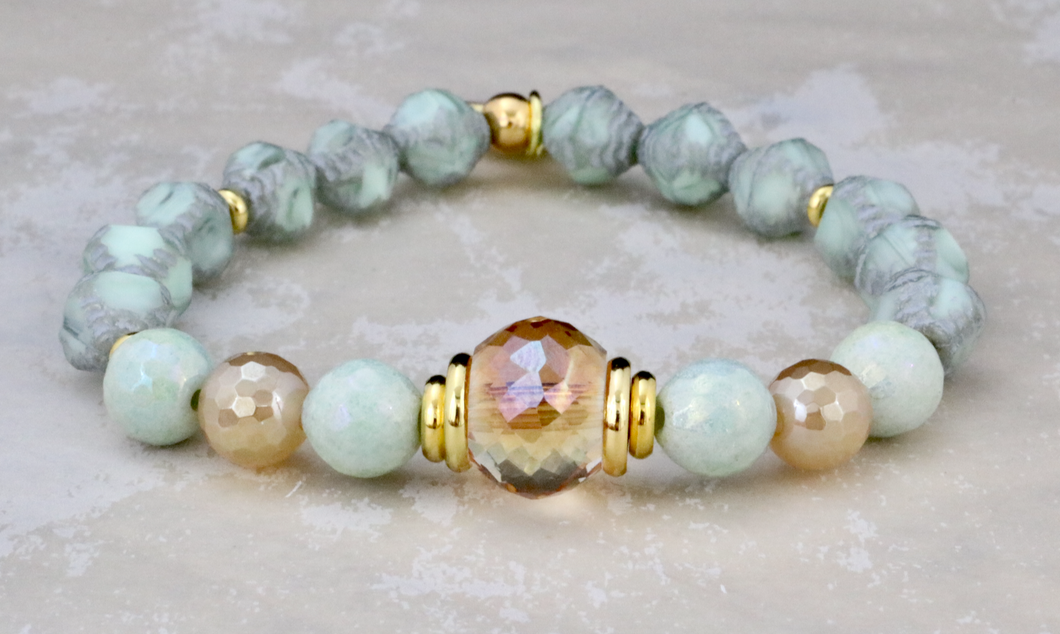 Crystal Center on 8mm Czech Glass, Mystic Champagne and Aventurine