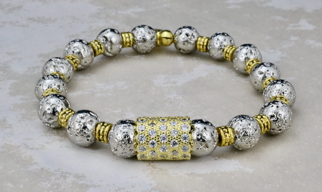 Pave Center on Silver Lava Beads