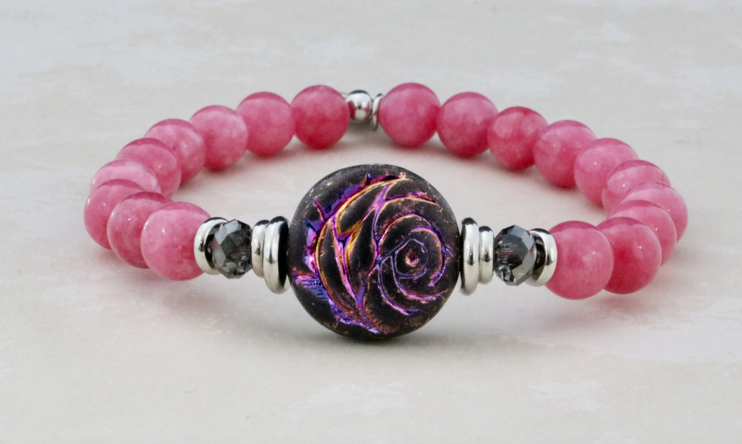 Rose Etched Czech Center on Pink Jade