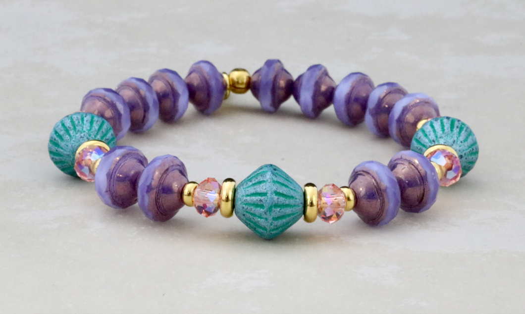 Teal Bicone and Purple Saturn Station Bracelet
