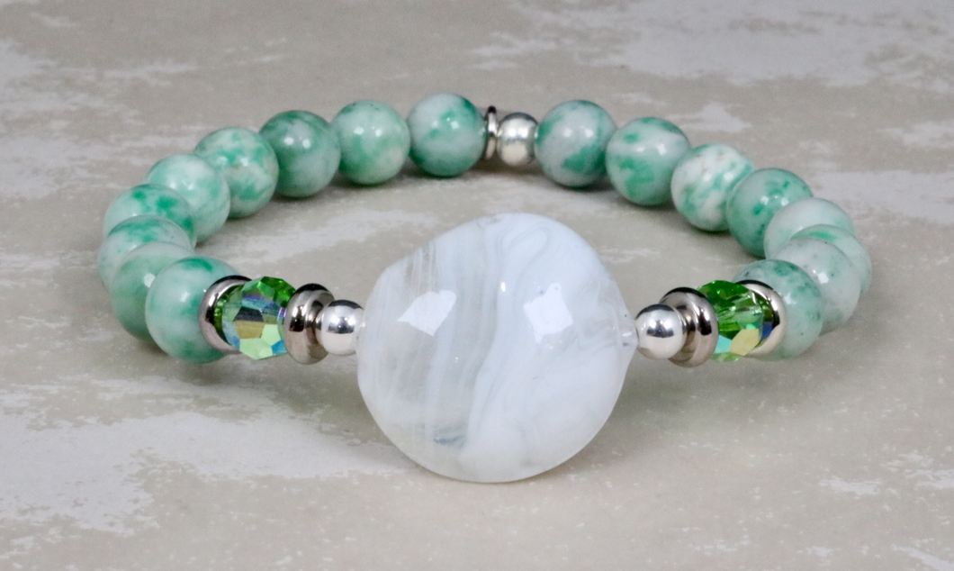 Czech glass center on mottled jade