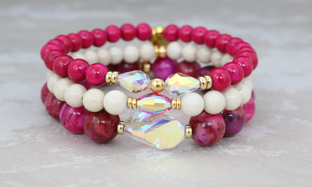 Pink Agate and Riverstone Bracelet Set