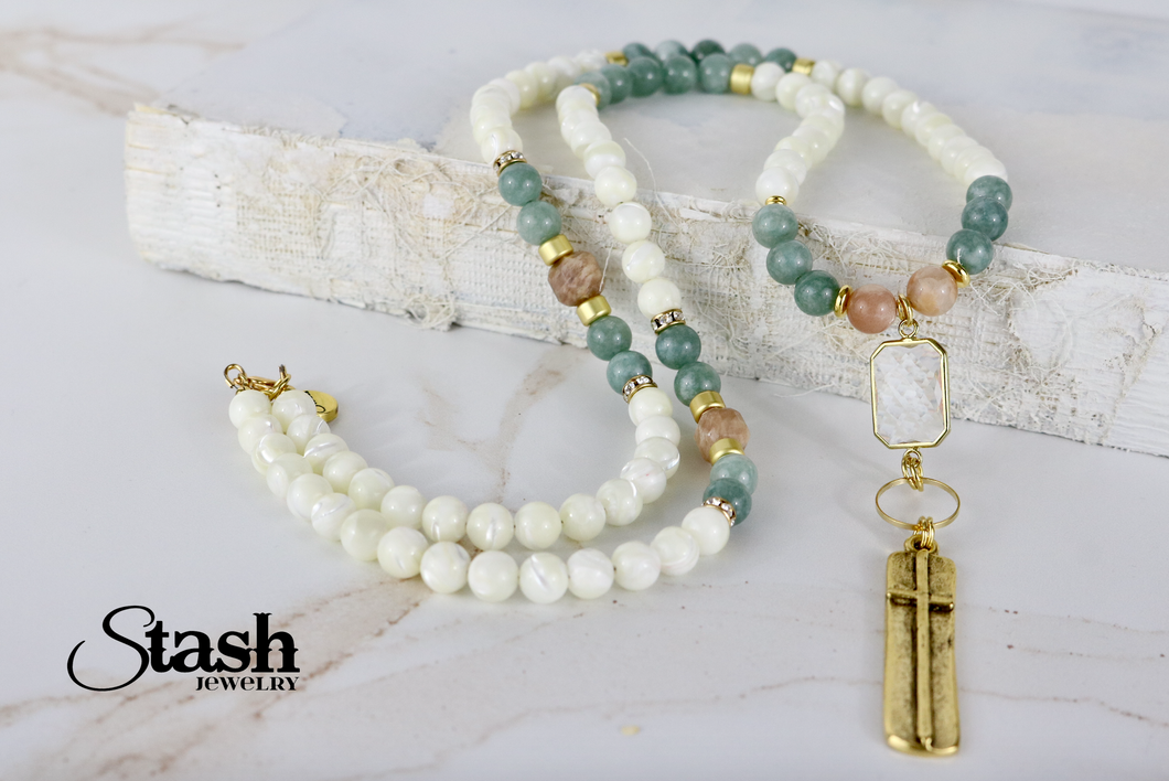 Mother of Pearl and Dusty Jade Beaded Necklace