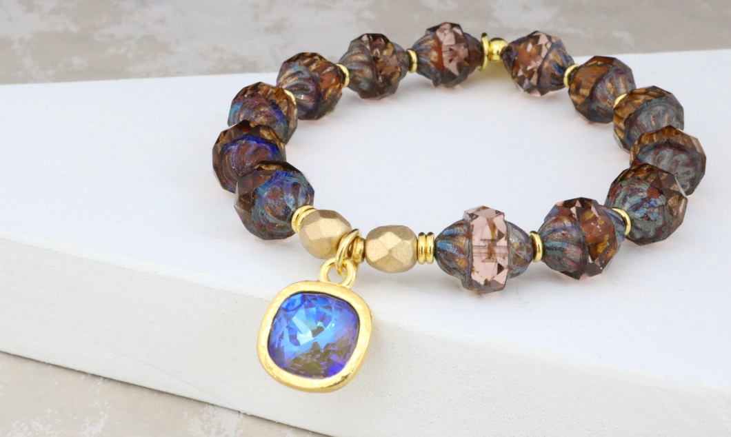 Crystal Drop on Peach Czech Beads with Blue Wash