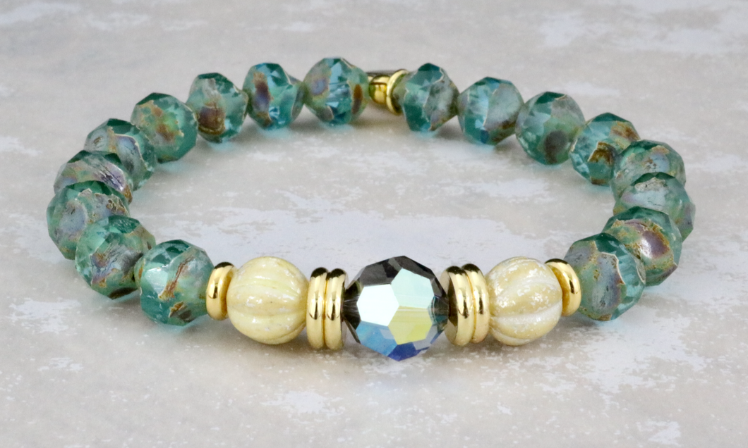 Faceted Crystal on Teal Czech Glass