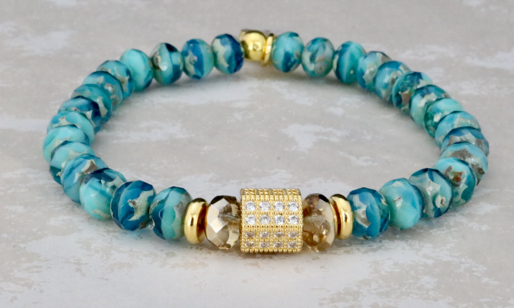 Pave Hexagon Rebecca on Turquoise Czech Rondelles
