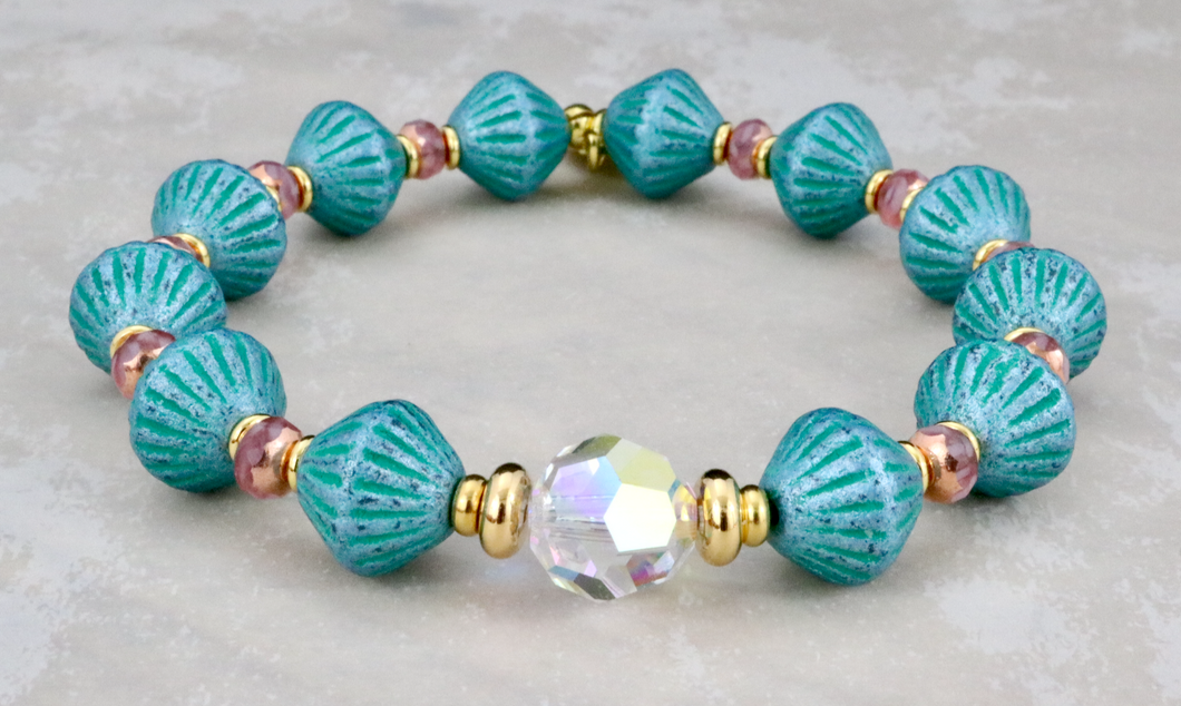 Faceted AB Crystal on Turquoise Czech Glass