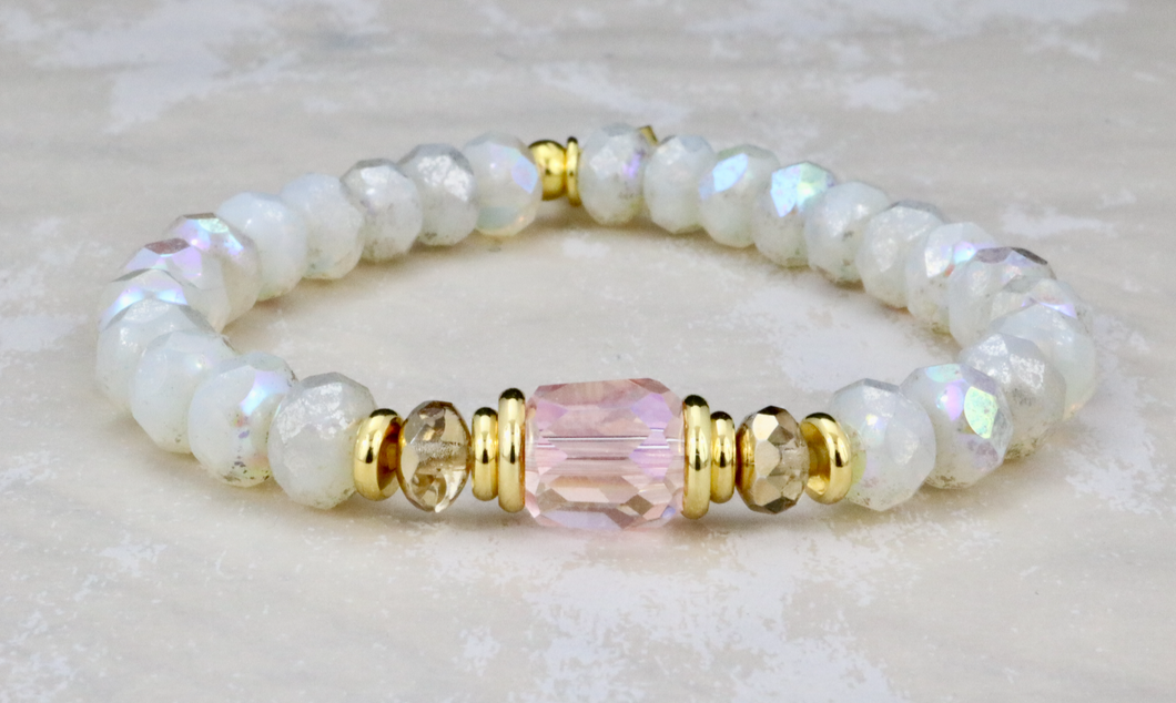 Pink Crystal on White Czech Rondelles